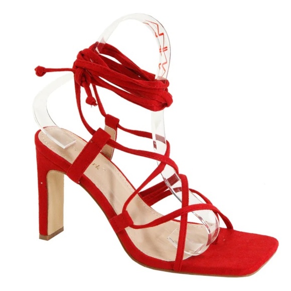 Red Hot Strappy Block Heels, Size 9 - Picture 2 of 3